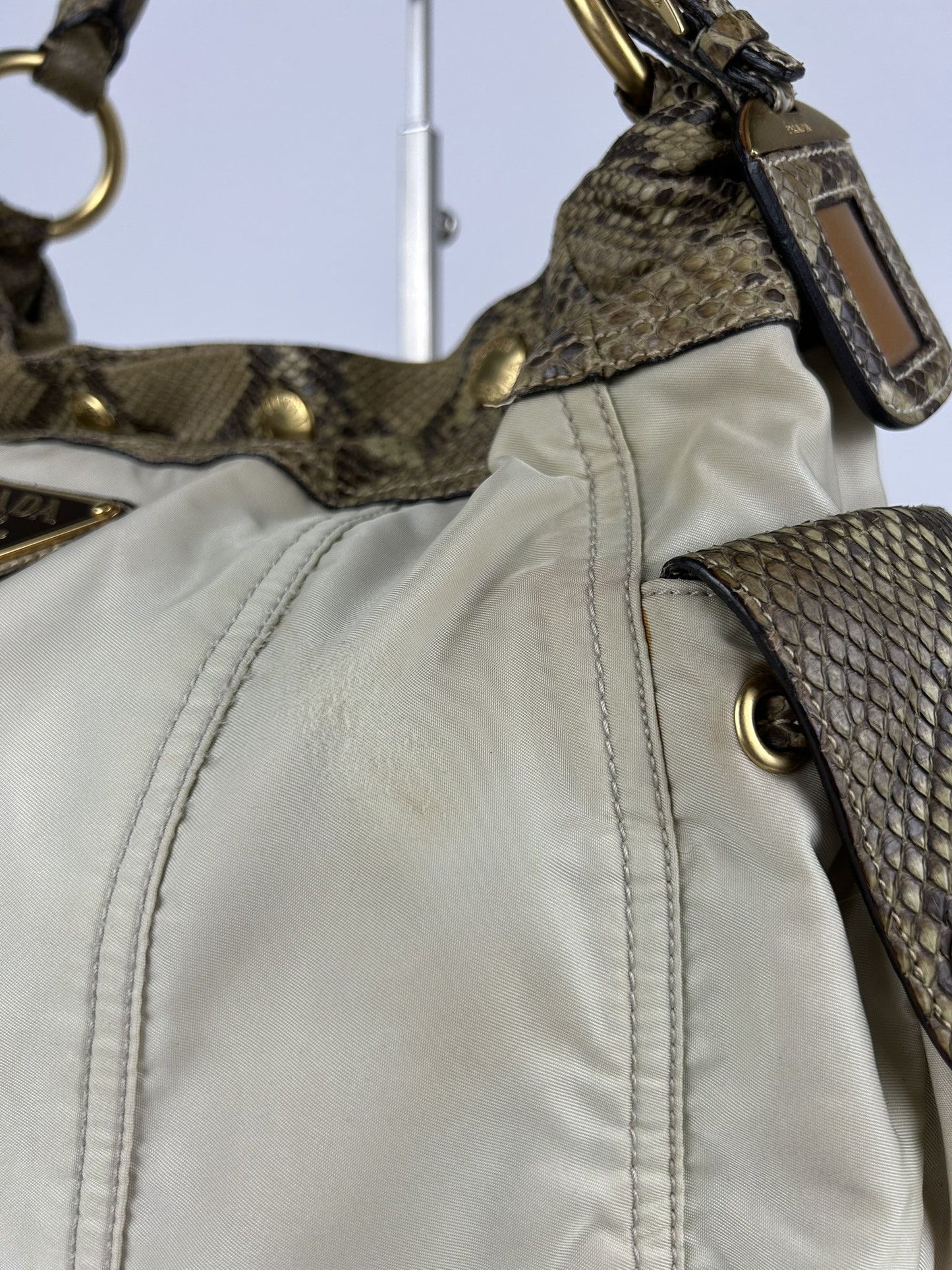 Prada python and nylon triangle logo hobo handbag