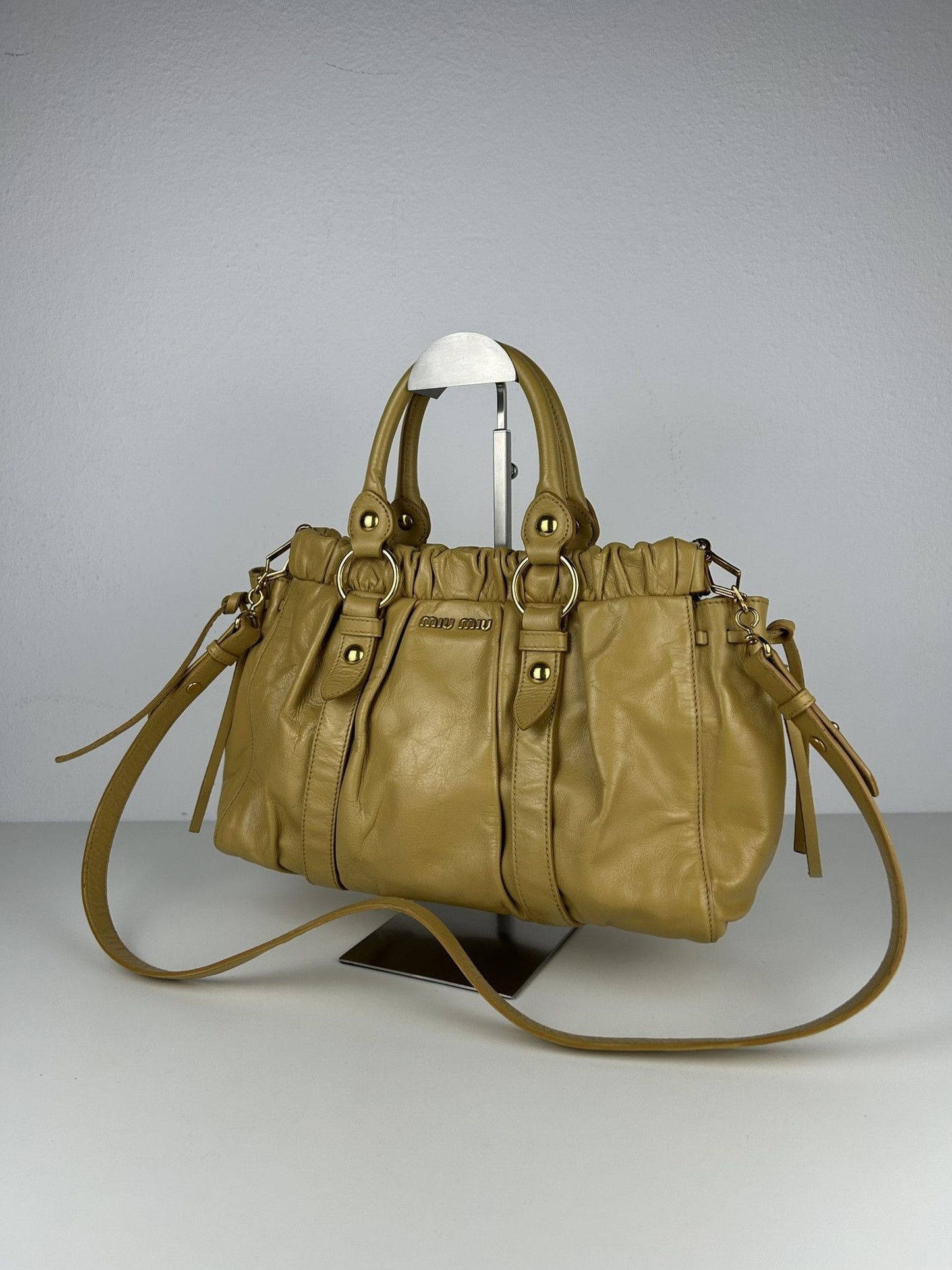 Miu miu vitello bauletto aperto gathered leather bag in buttery