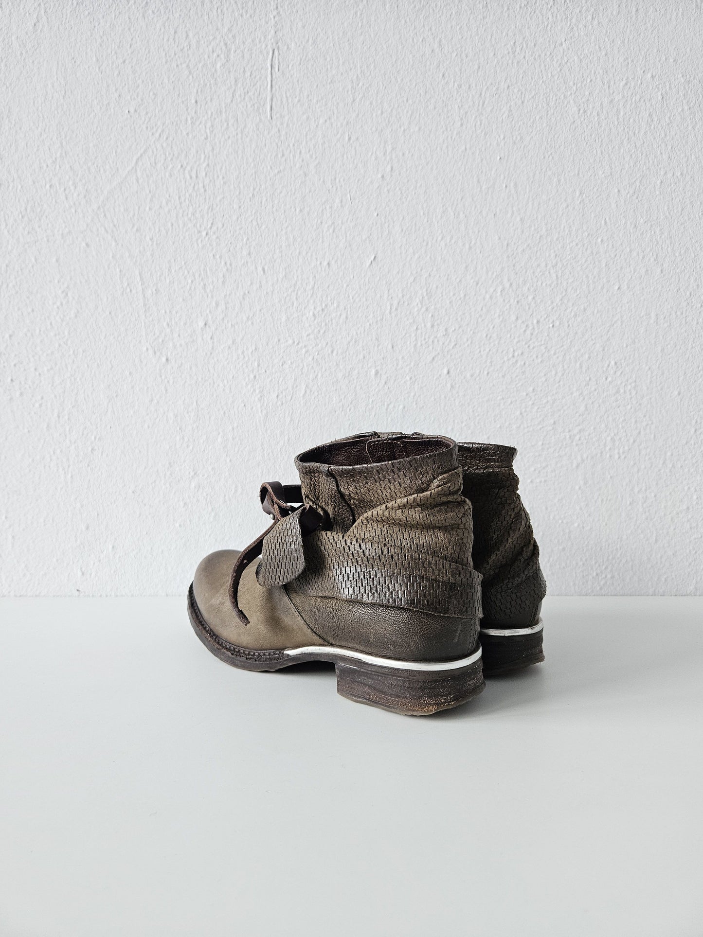 Archive AS98 olive leather bondage side zip ankle boots