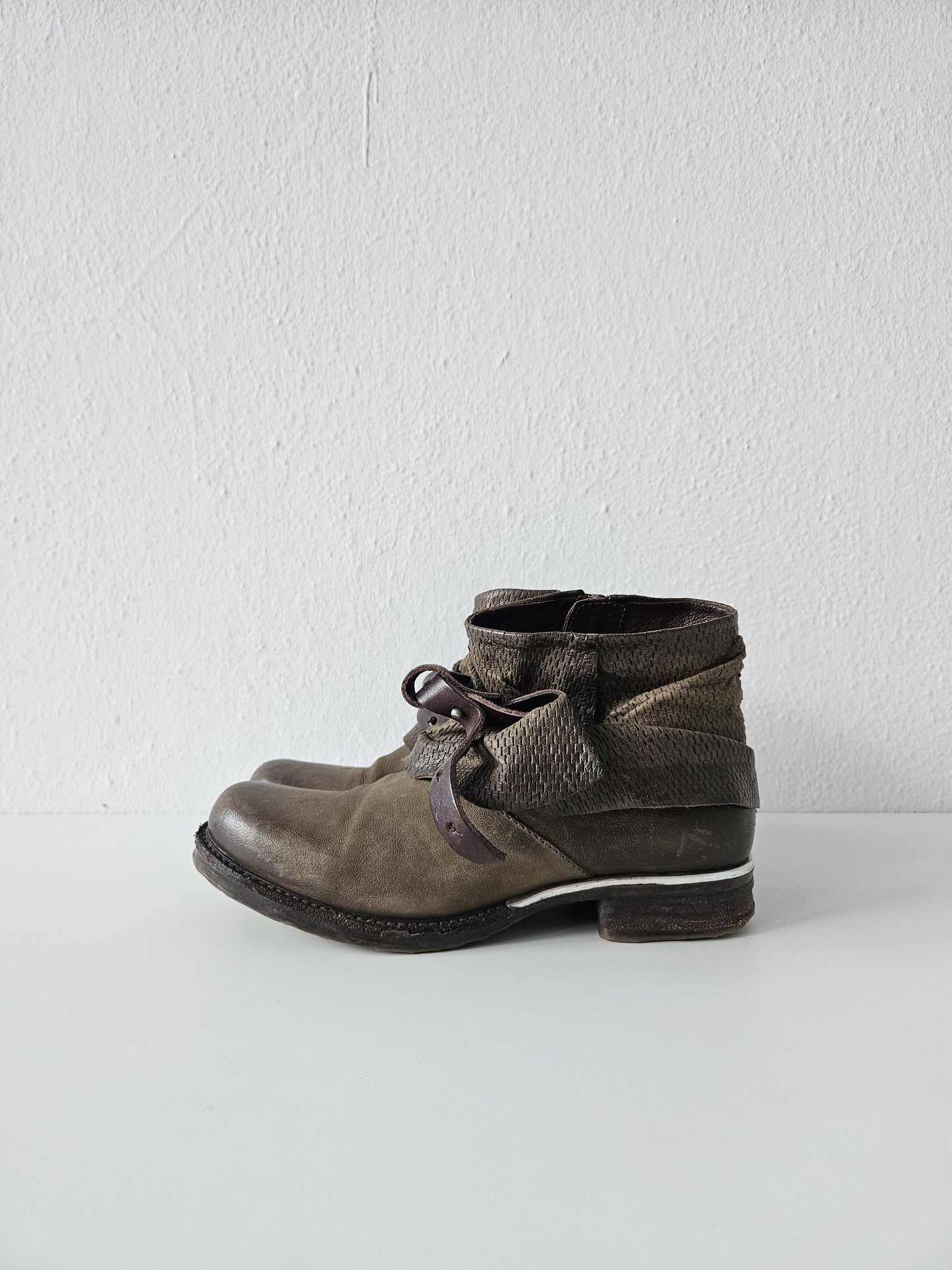 Archive AS98 olive leather bondage side zip ankle boots