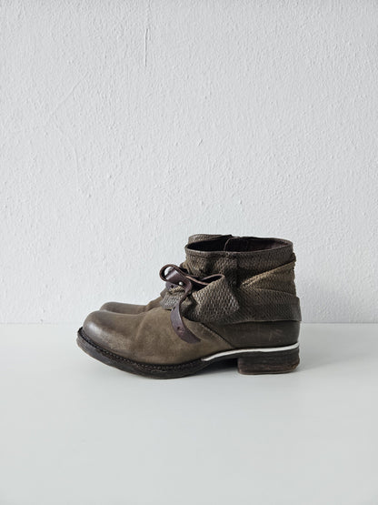 Archive AS98 olive leather bondage side zip ankle boots