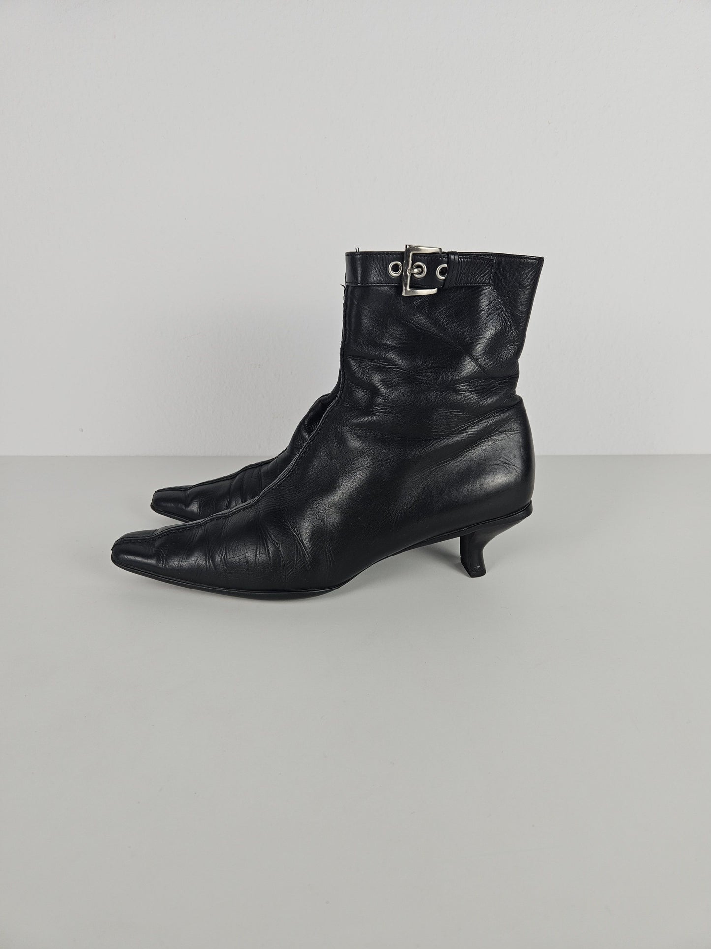 Archive Prada lamb leather kitten heel buckled ankle boots