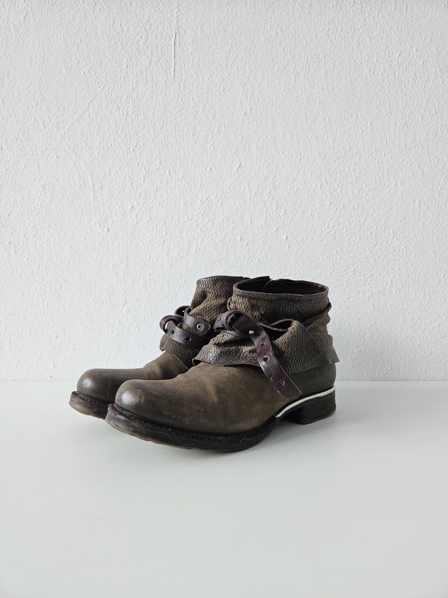 Archive AS98 olive leather bondage side zip ankle boots