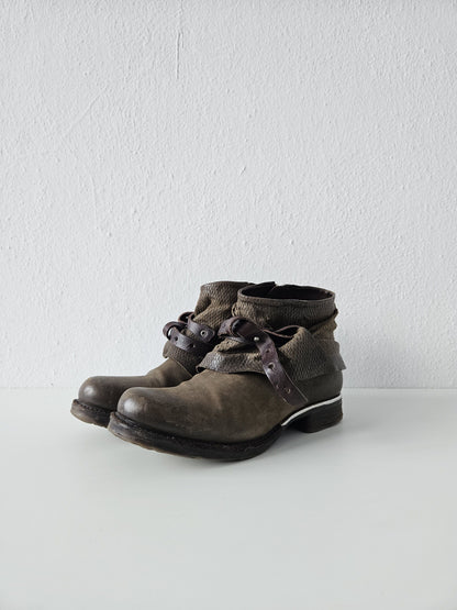 Archive AS98 olive leather bondage side zip ankle boots