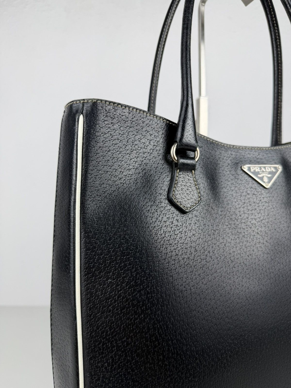 Vintage Prada leather triangle logo tote bag