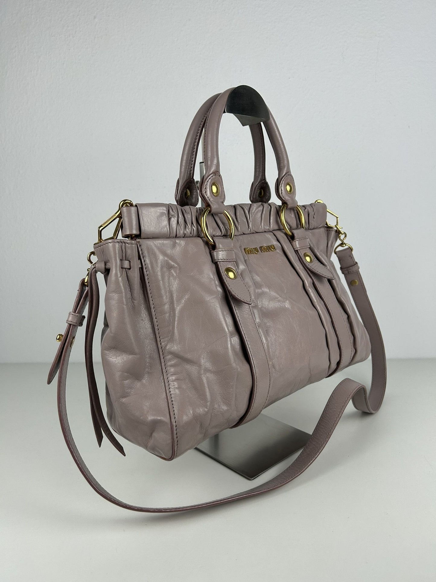 Miu miu vitello bauletto aperto gathered leather handbag