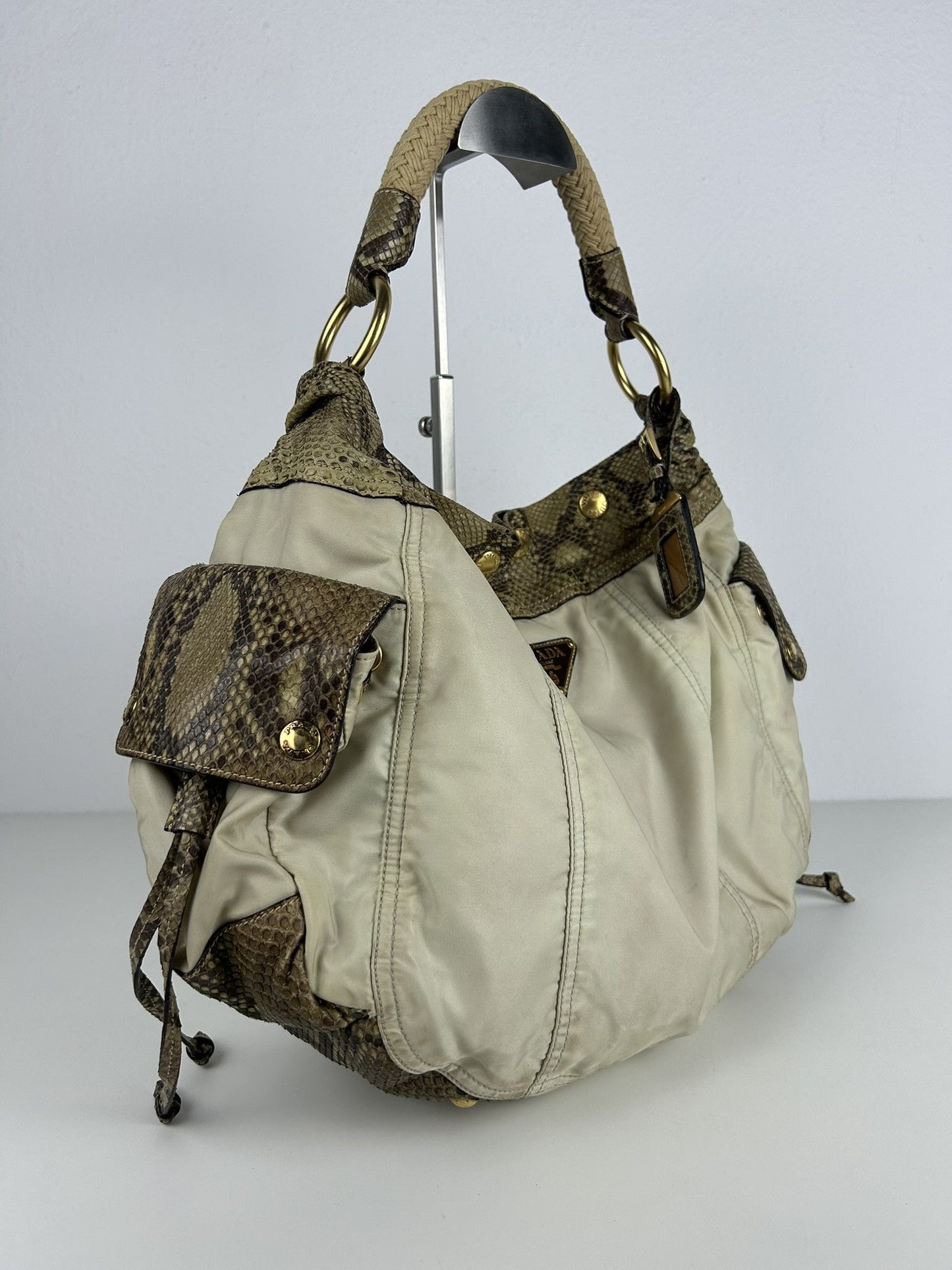 Prada python and nylon triangle logo hobo handbag