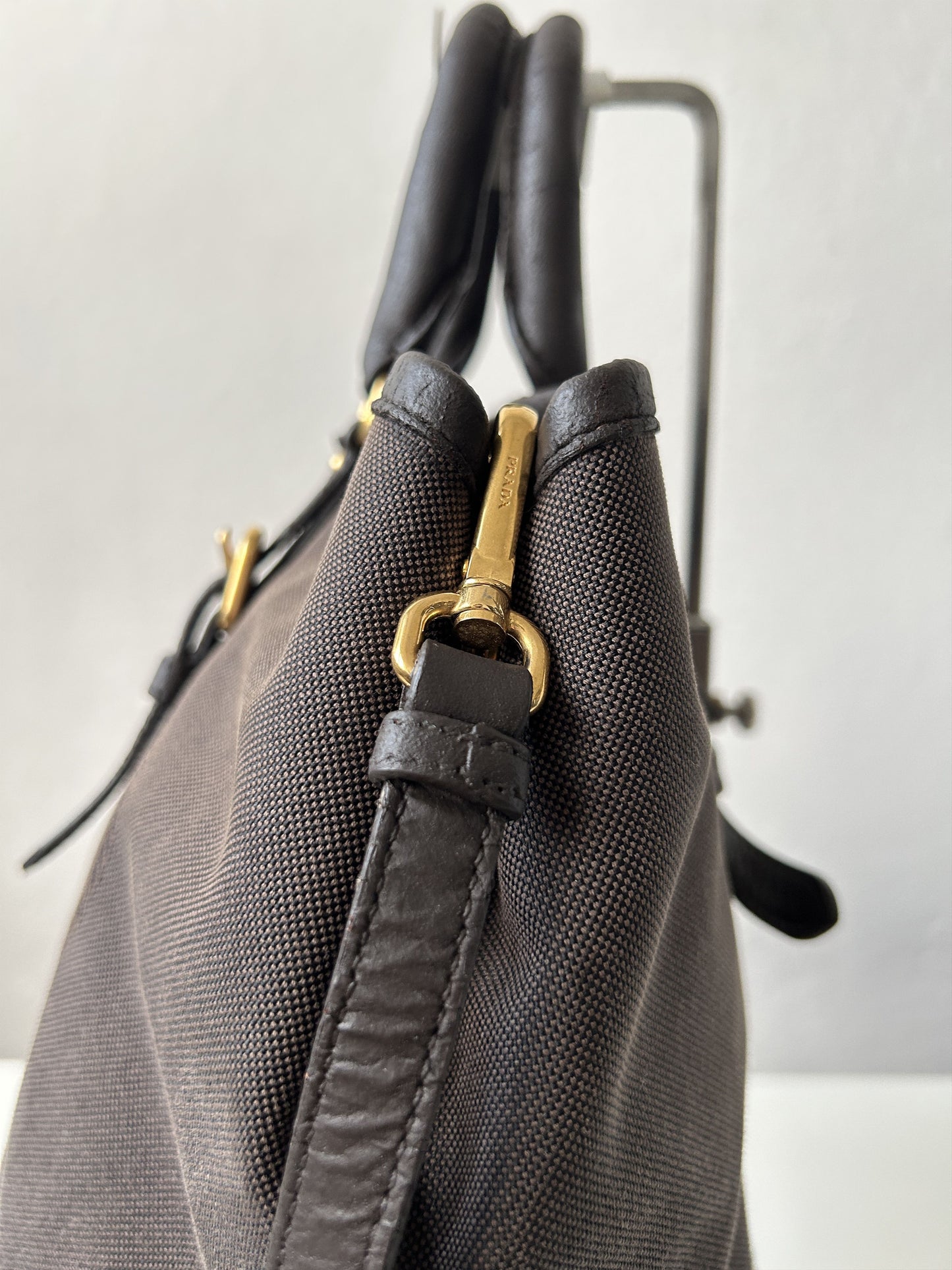 Prada canvas and leather triangle logo tote bag