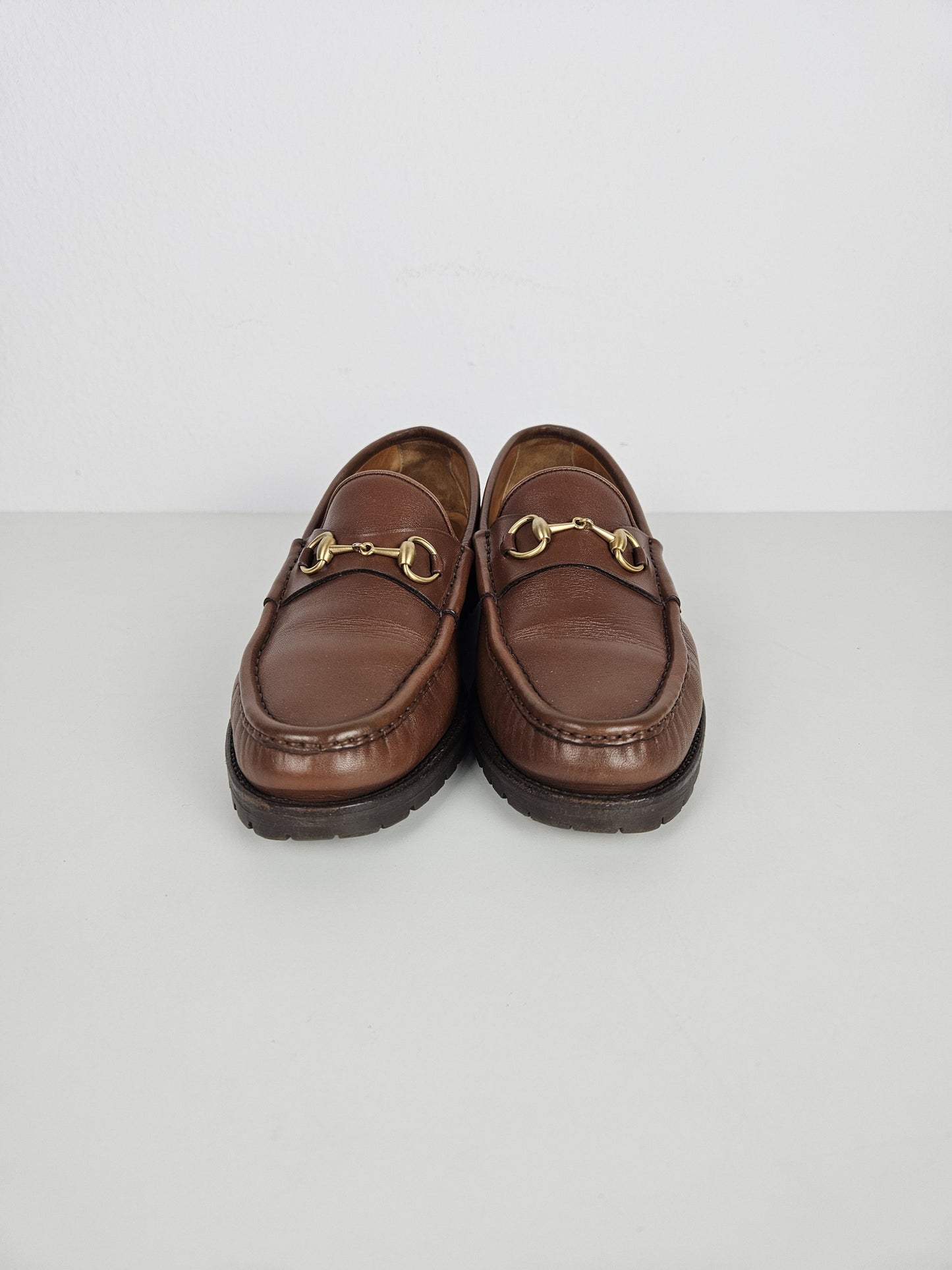 Vintage Gucci leather horsebit loafers with notched thick sole