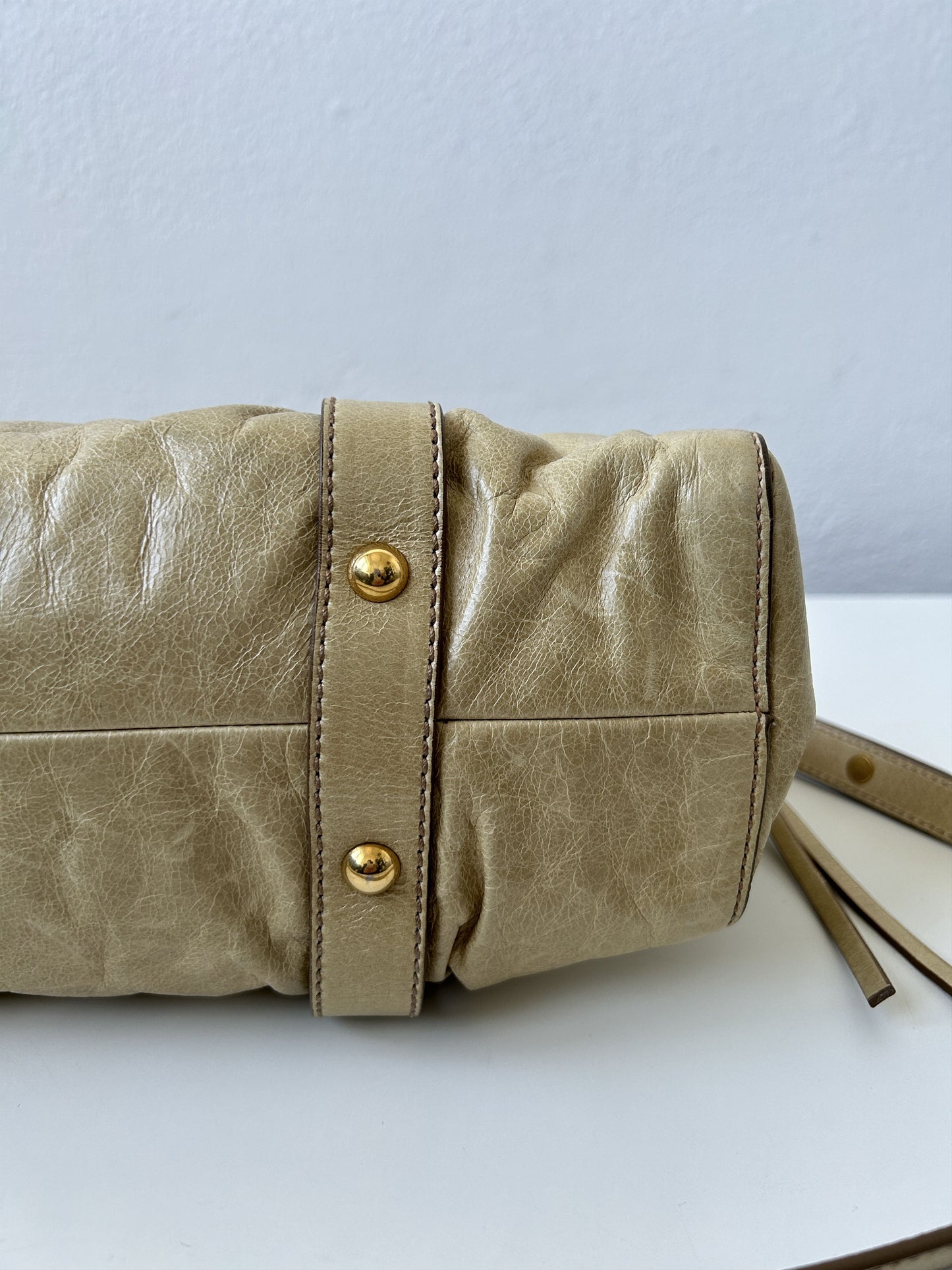 Miu miu vitello bauletto aperto gathered leather handbag