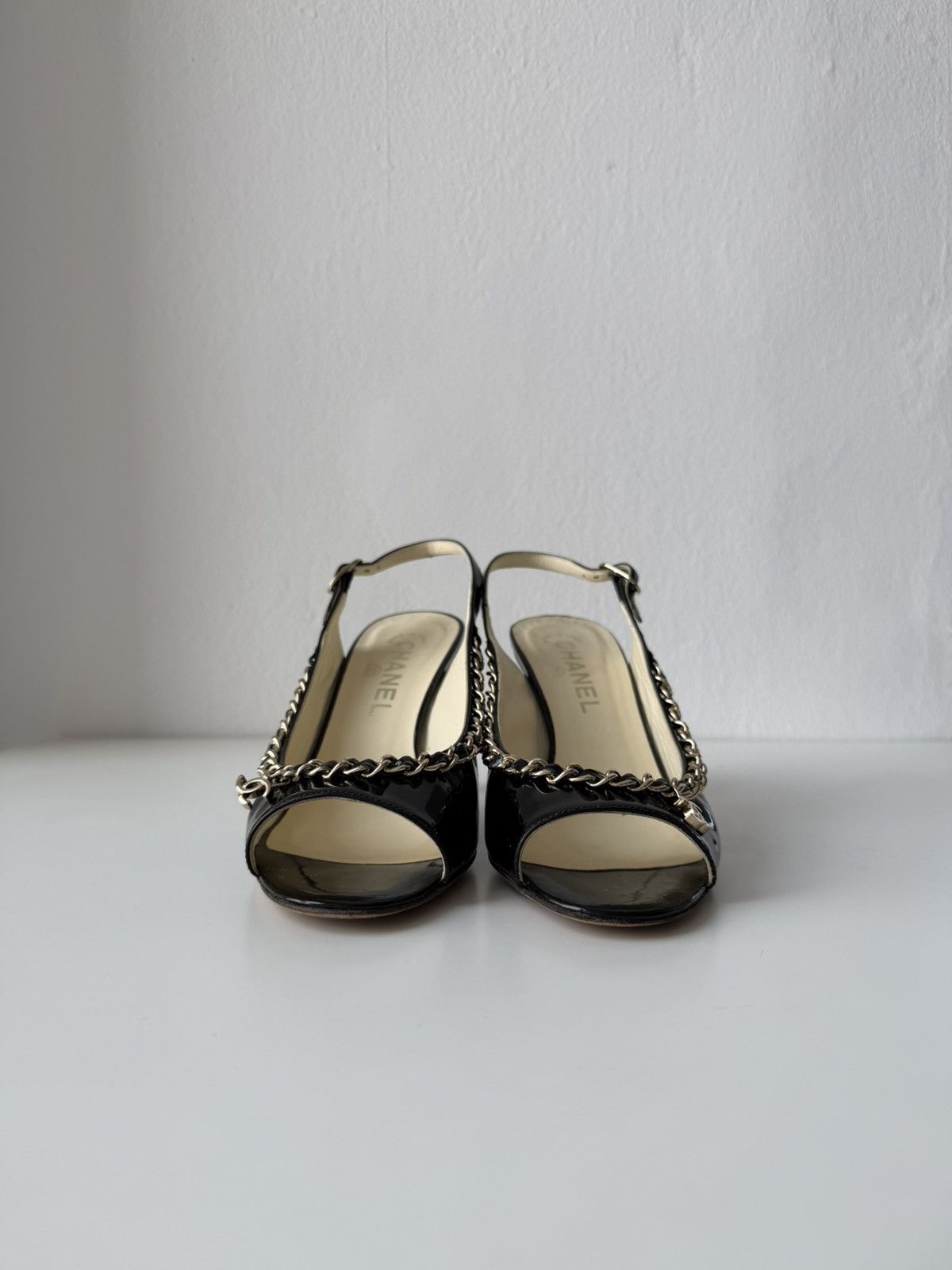SS2011 Chanel patent leather chain open toe heels