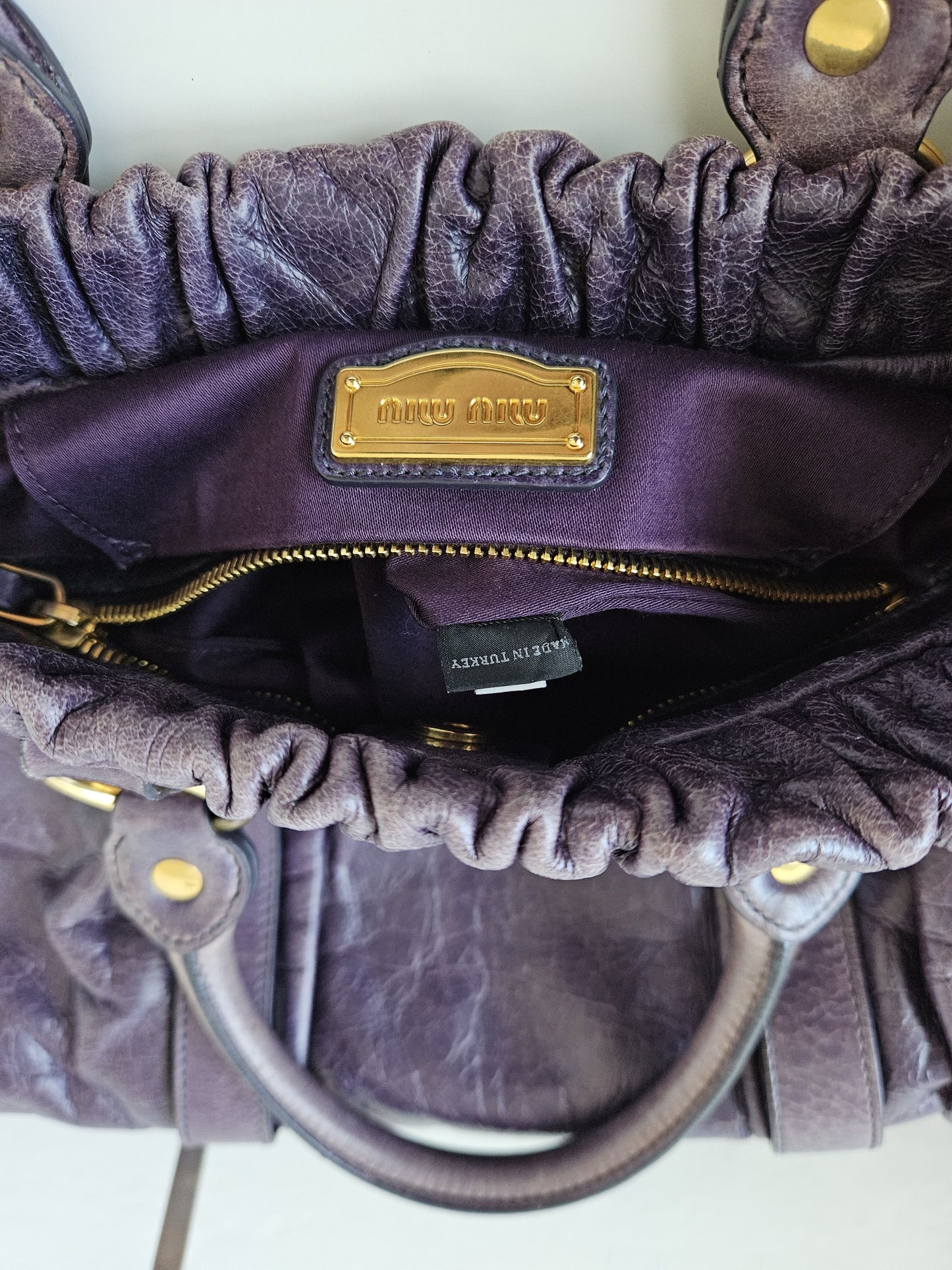 Miu miu vitello bauletto aperto gathered leather handbag