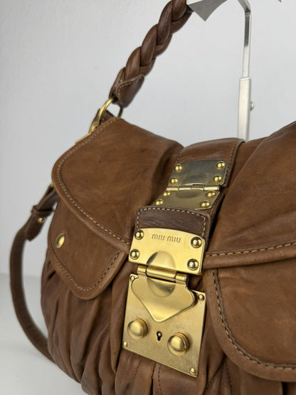 Miu Miu matelasse pleated leather coffer bag in brown