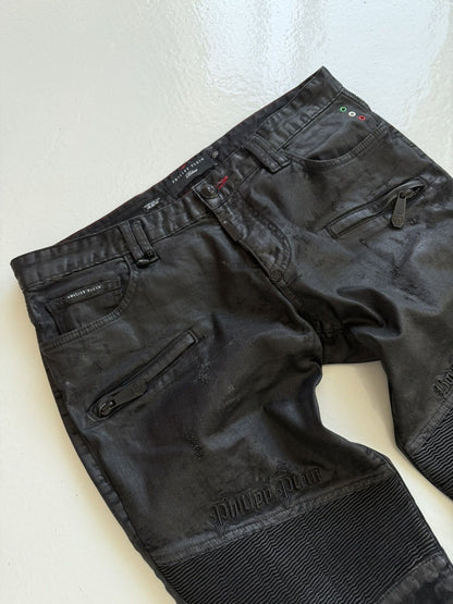 Philipp Plein born&raised distressed waxed biker denim