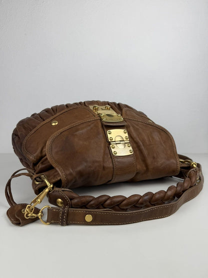 Miu Miu matelasse pleated leather coffer bag in brown