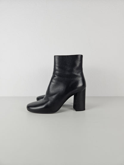 Prada calf leather side zip block heel ankle boots