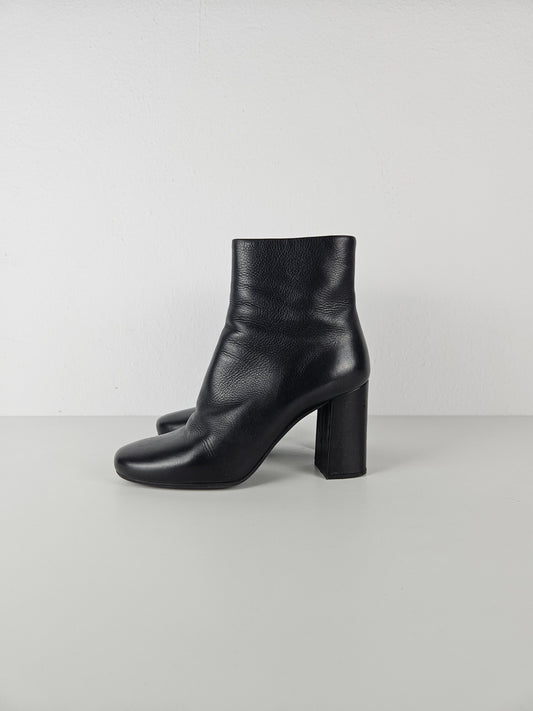 Prada calf leather side zip block heel ankle boots