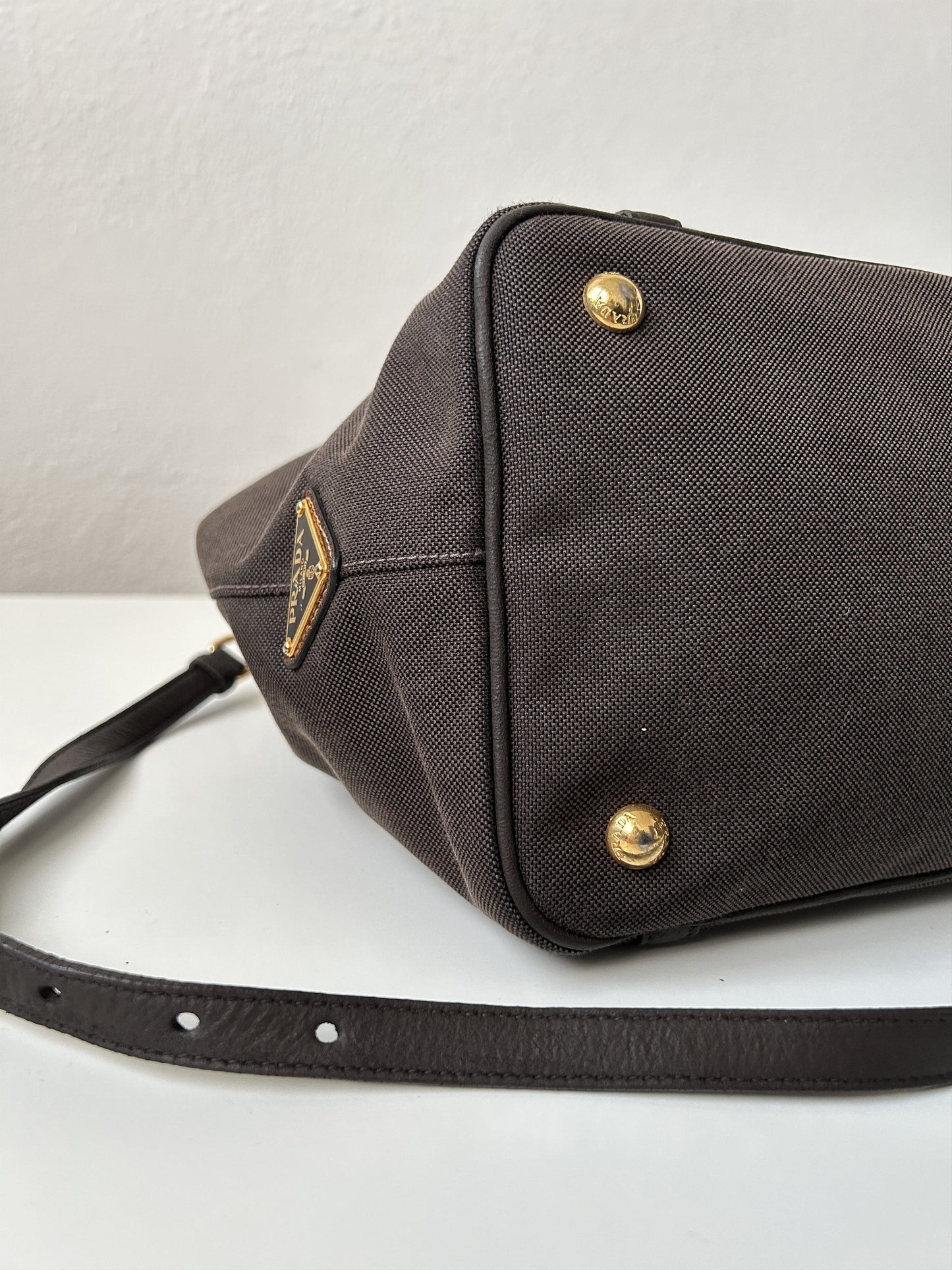 Prada canvas and leather triangle logo tote bag