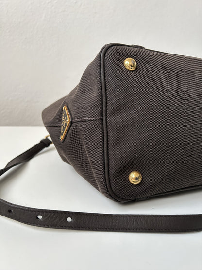 Prada canvas and leather triangle logo tote bag