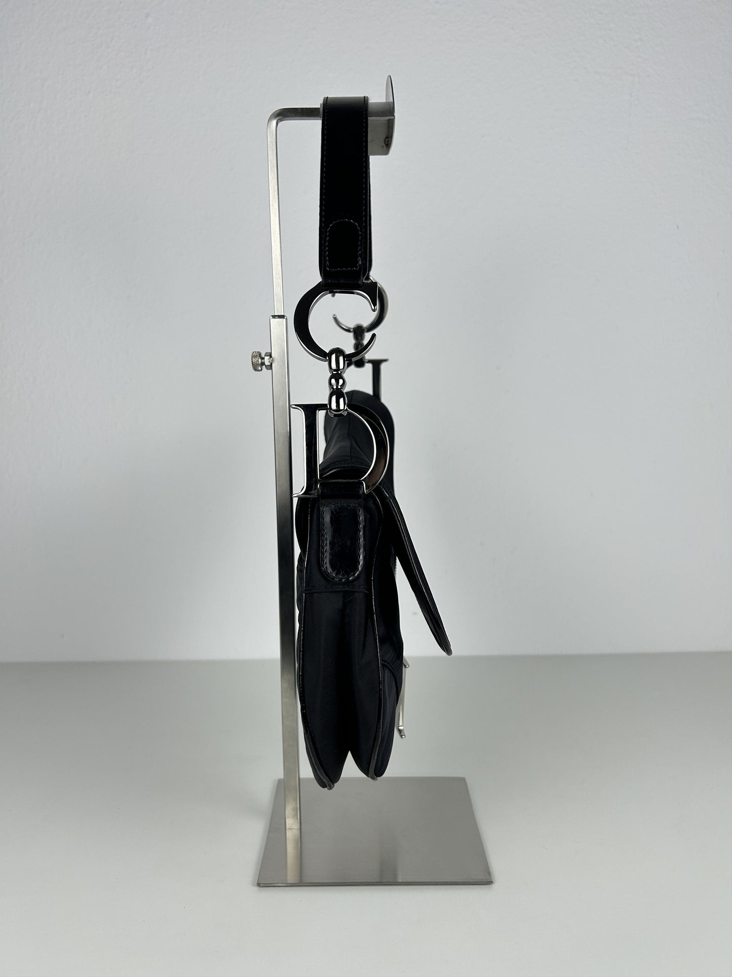 2001 Dior black satin and patent leather saddle bag