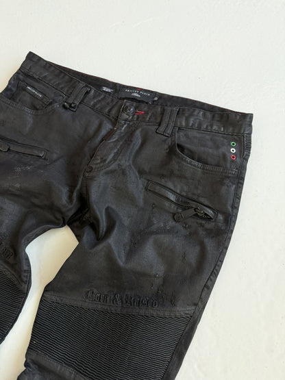 Philipp Plein born&raised distressed waxed biker denim