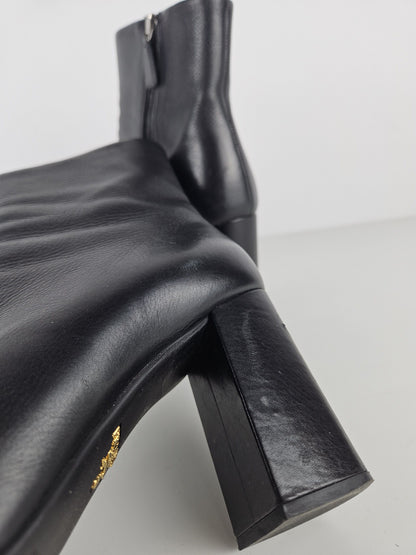 Prada calf leather side zip block heel ankle boots