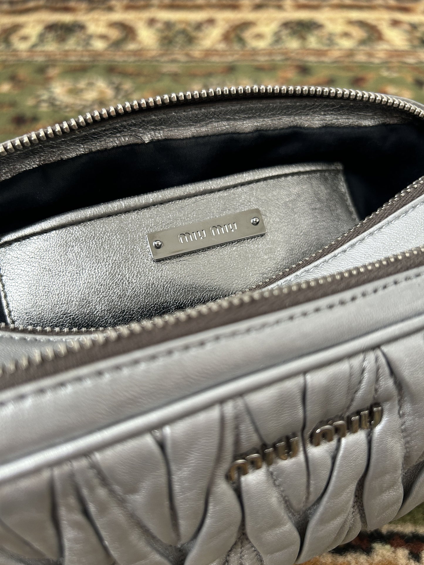 Miu miu matelasse pleated leather silver small crossbody bag