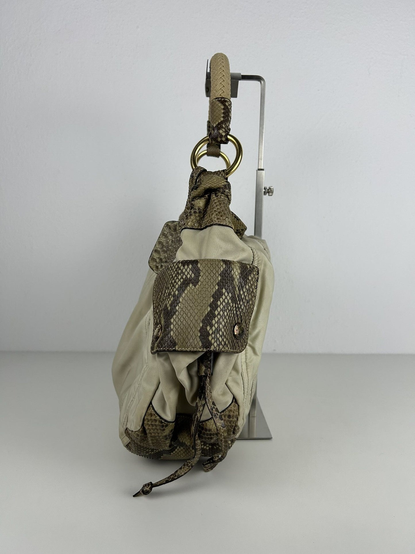 Prada python and nylon triangle logo hobo handbag