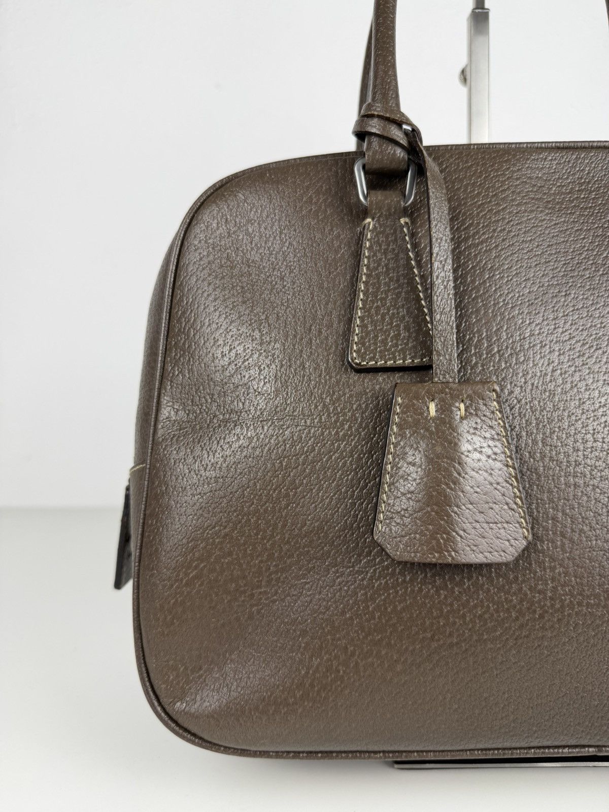 Prada saffiano leather triangle logo mini bowling bag
