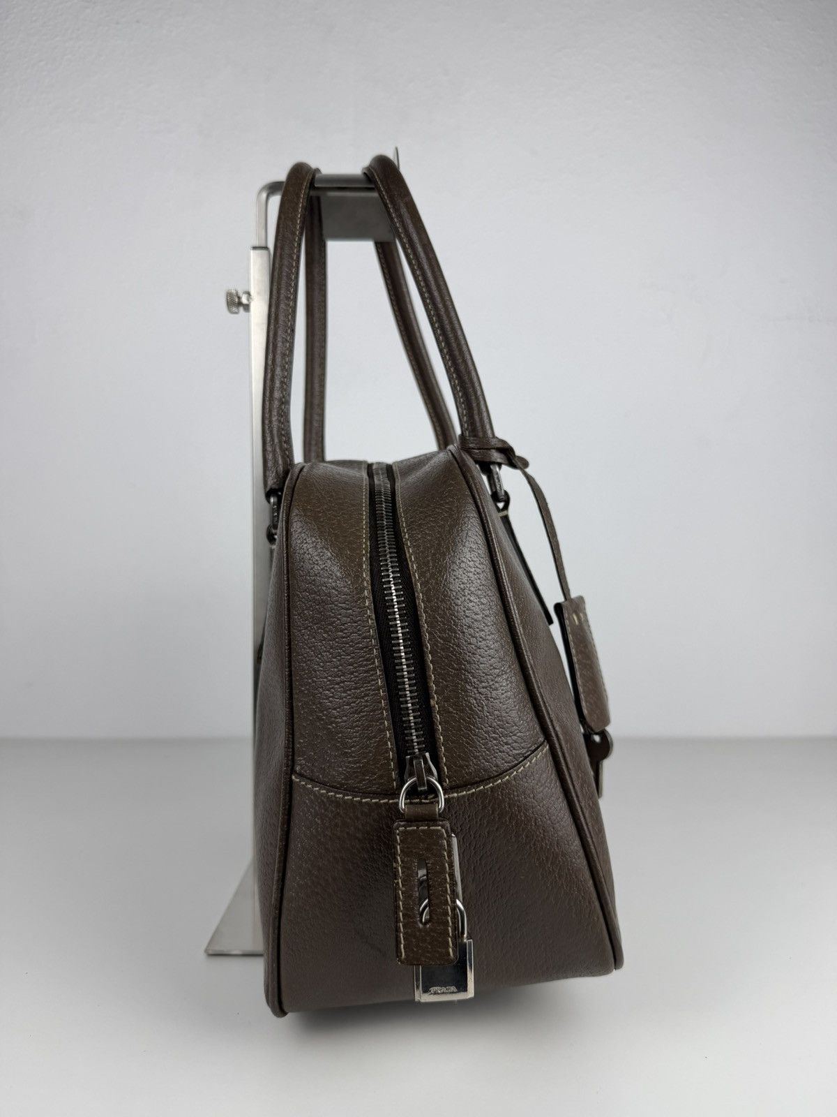 Prada saffiano leather triangle logo mini bowling bag