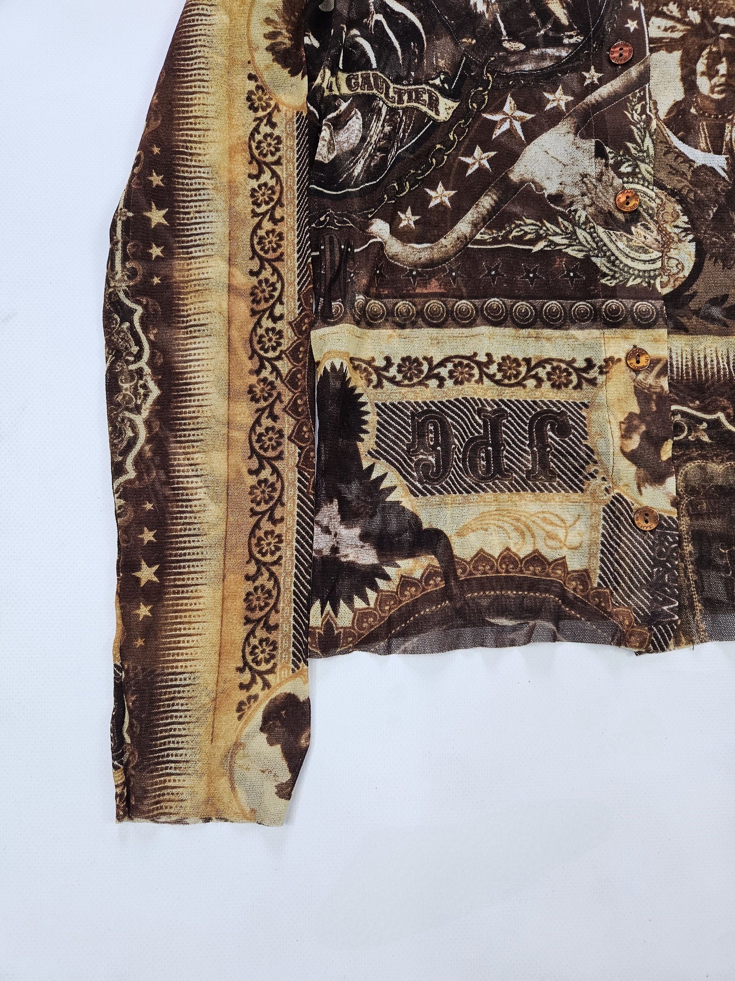 Jean Paul Gaultier jeans native american all over print button up mesh top