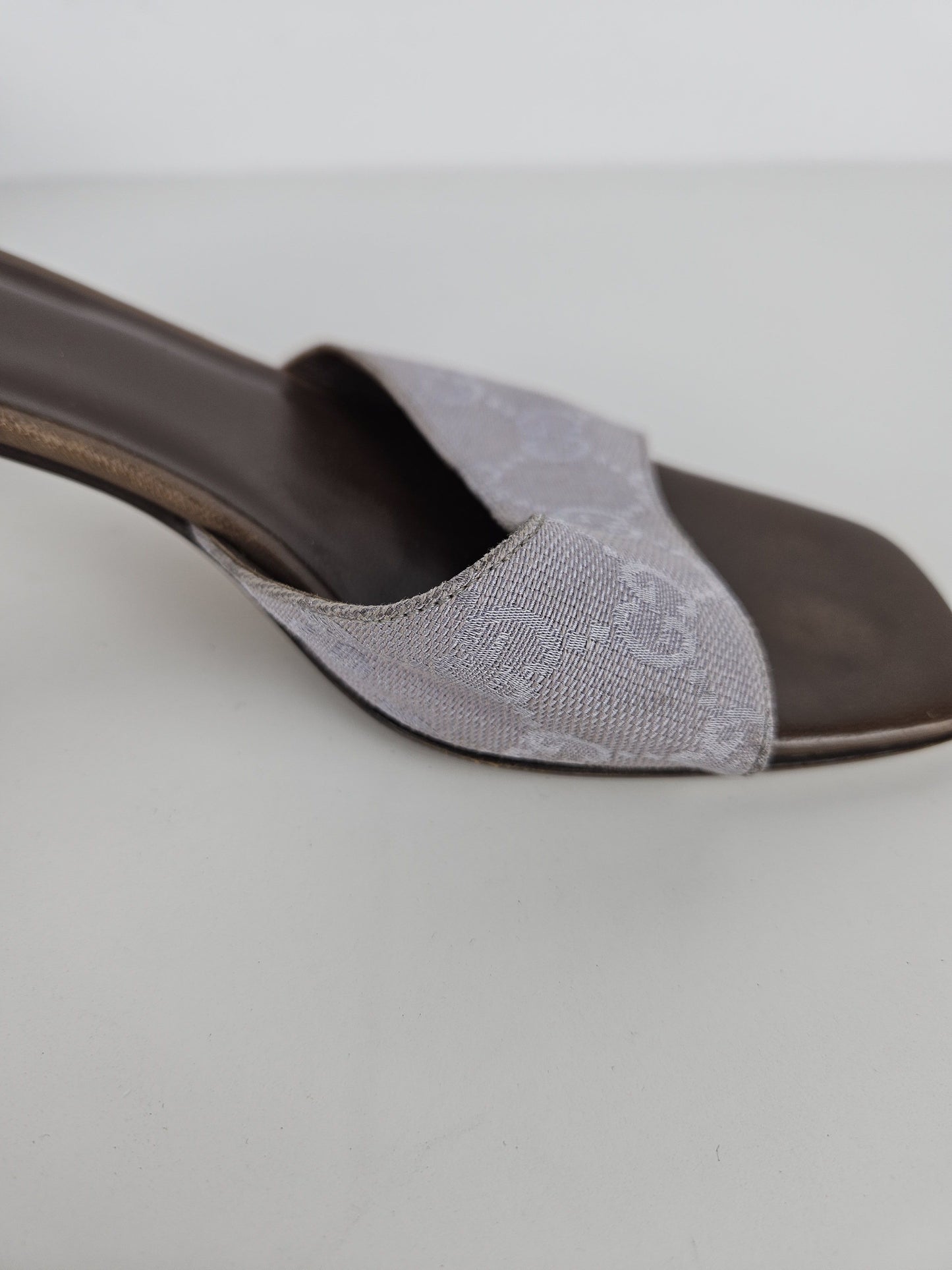 Vintage Gucci monogram canvas high heel open toe mules