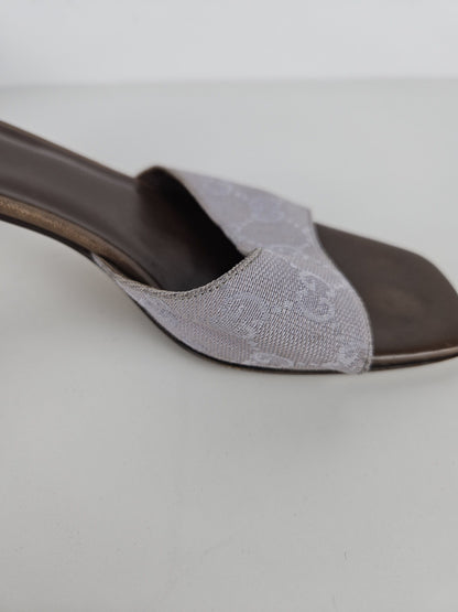 Vintage Gucci monogram canvas high heel open toe mules