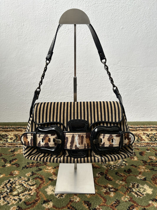 Y2k Fendi buckle striped velvet and ponyhair handbag