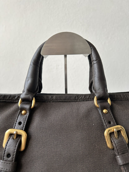 Prada canvas and leather triangle logo tote bag