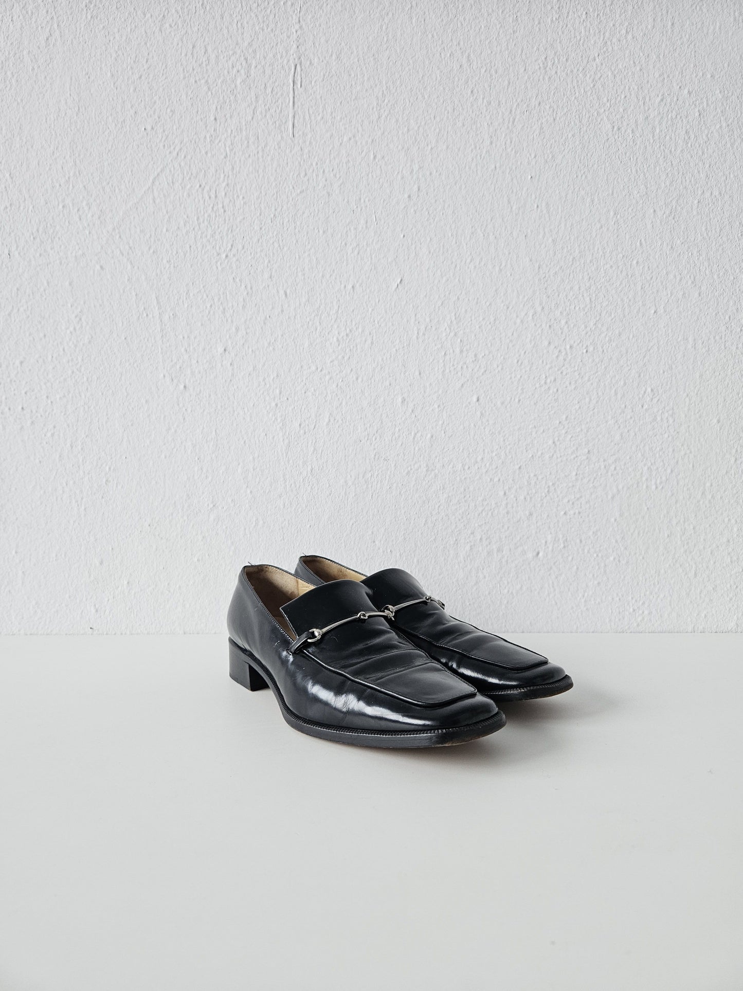 Vintage Gucci patent leather low block heel horsebit loafers