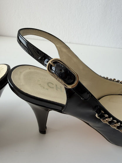 SS2011 Chanel patent leather chain open toe heels