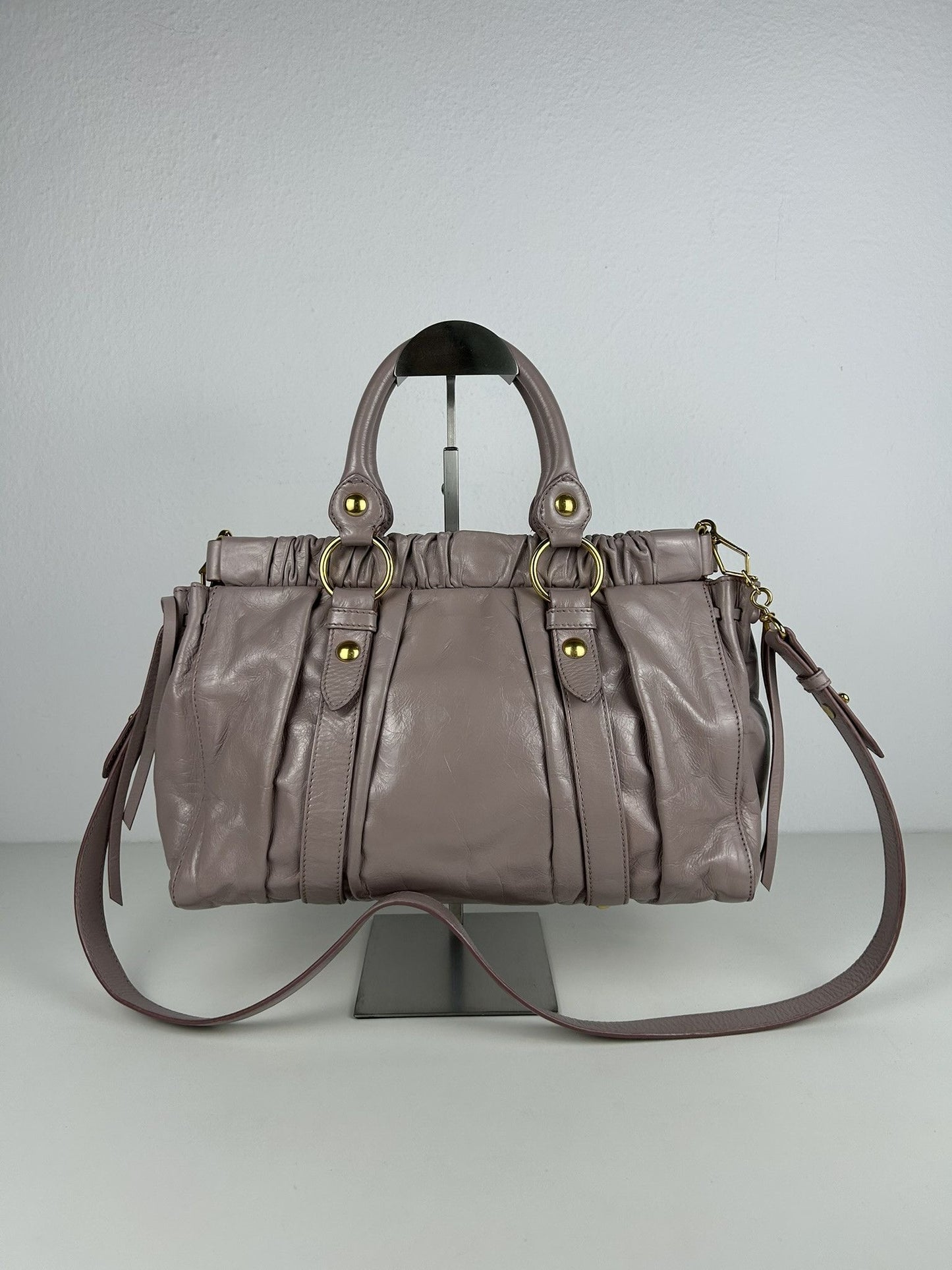 Miu miu vitello bauletto aperto gathered leather handbag