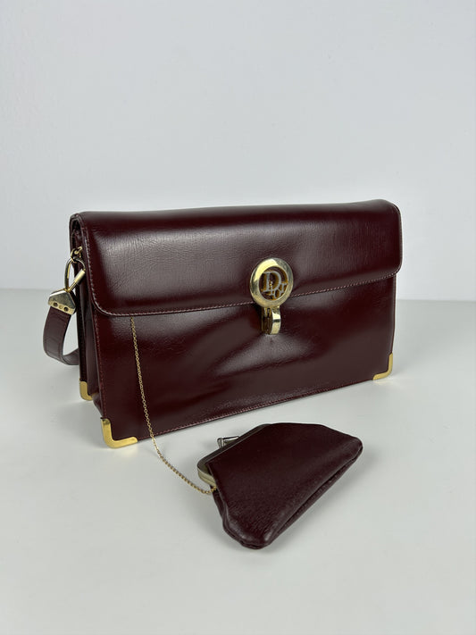 Vintage 80s Dior box calf leather burgundy handbag