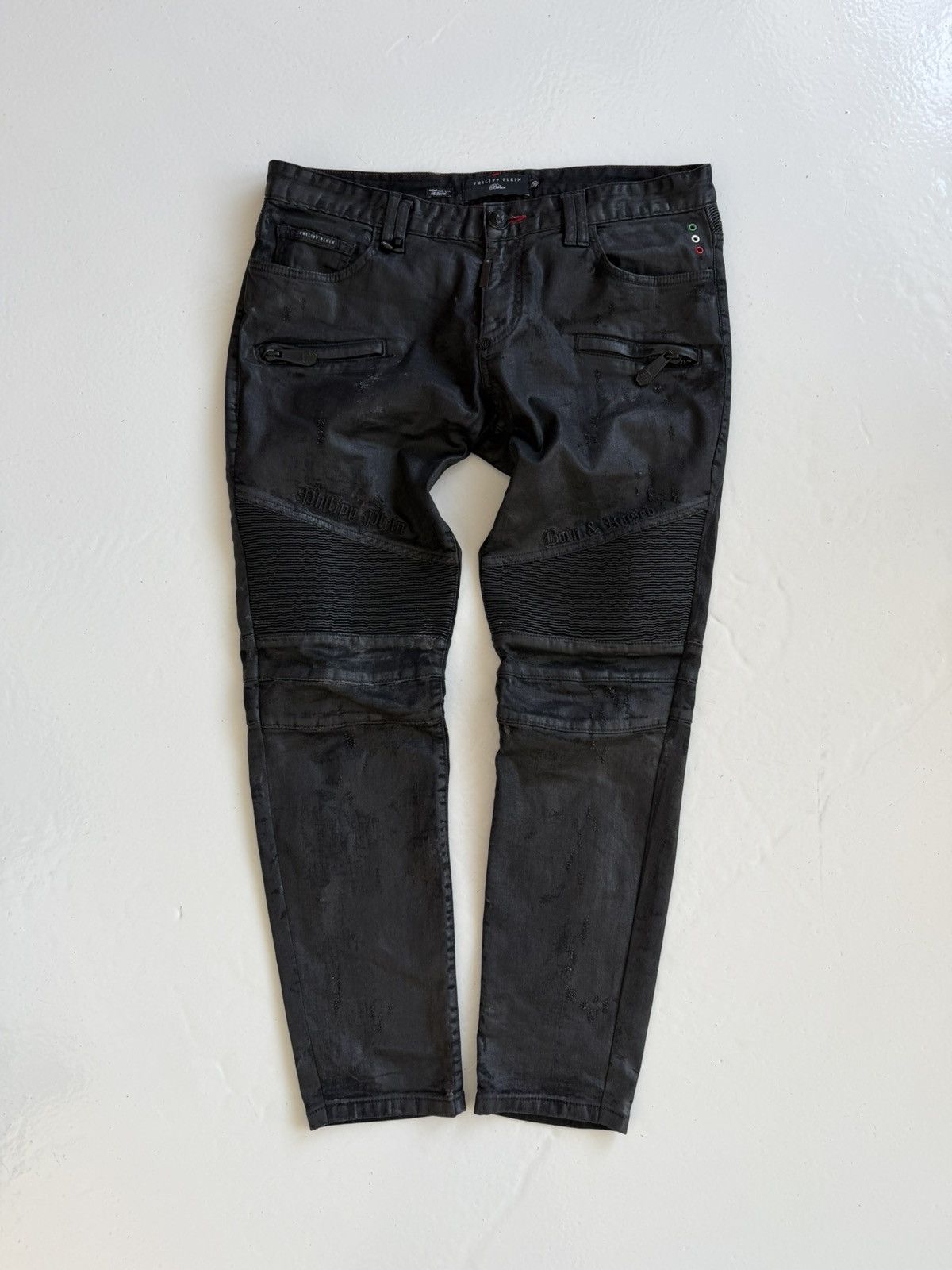 Philipp Plein born&raised distressed waxed biker denim