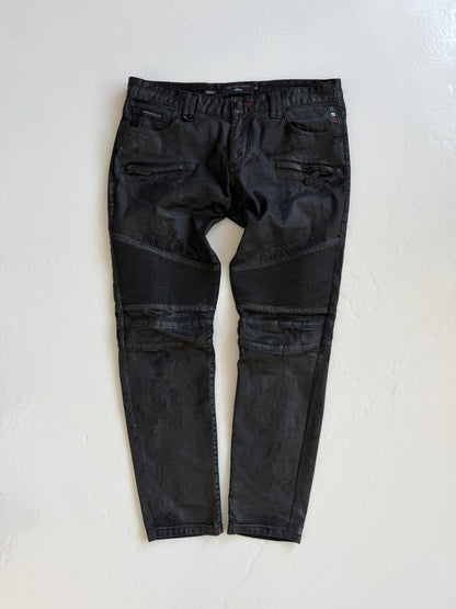 Philipp Plein born&raised distressed waxed biker denim