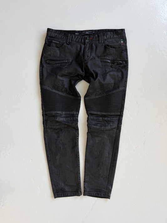 Philipp Plein born&raised distressed waxed biker denim
