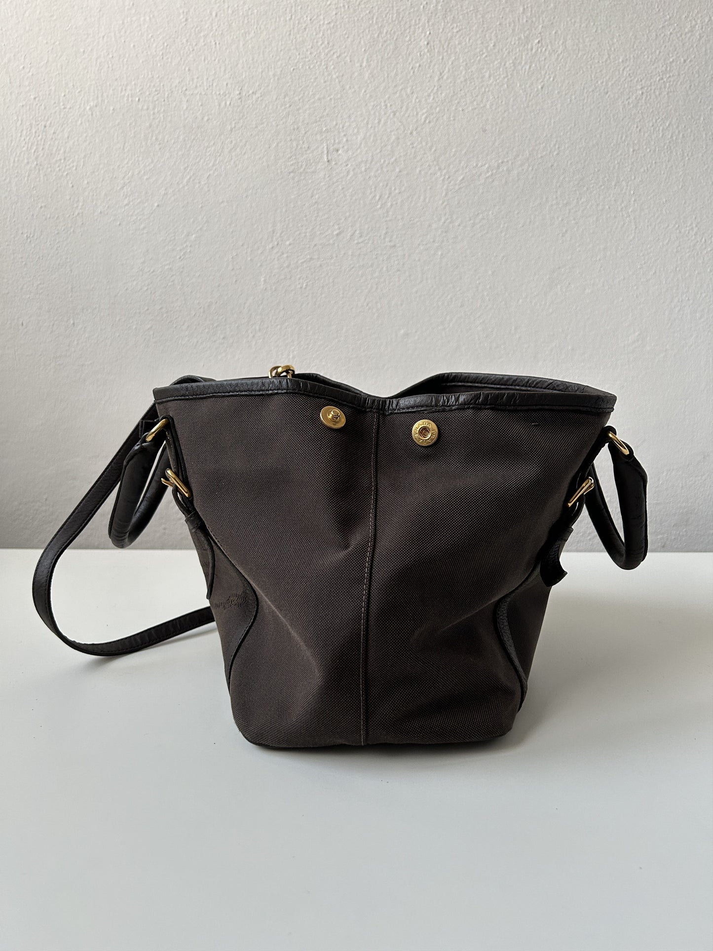 Prada canvas and leather triangle logo tote bag