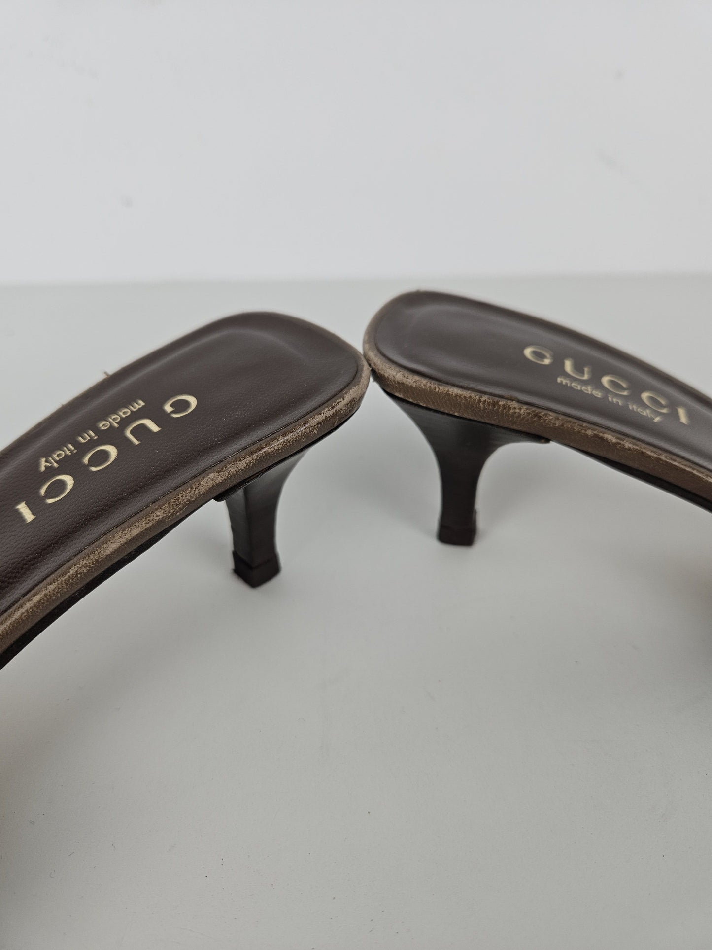 Vintage Gucci monogram canvas high heel open toe mules