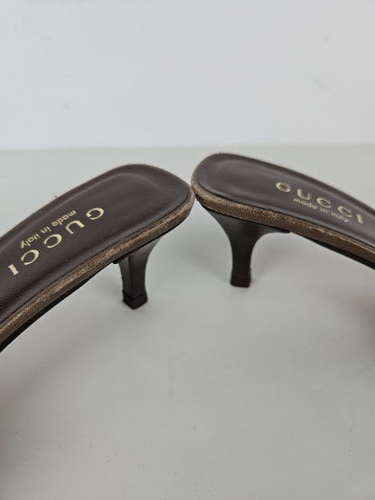 Vintage Gucci monogram canvas high heel open toe mules