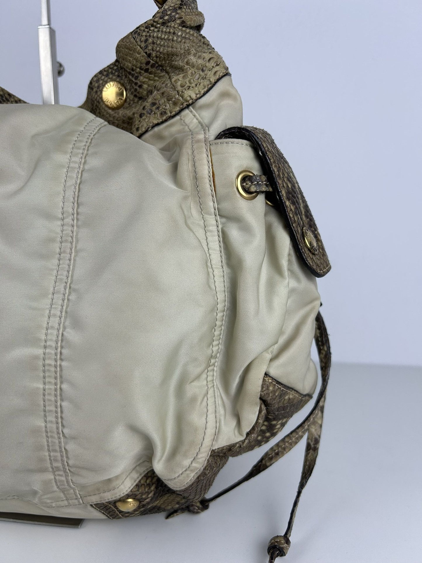 Prada python and nylon triangle logo hobo handbag