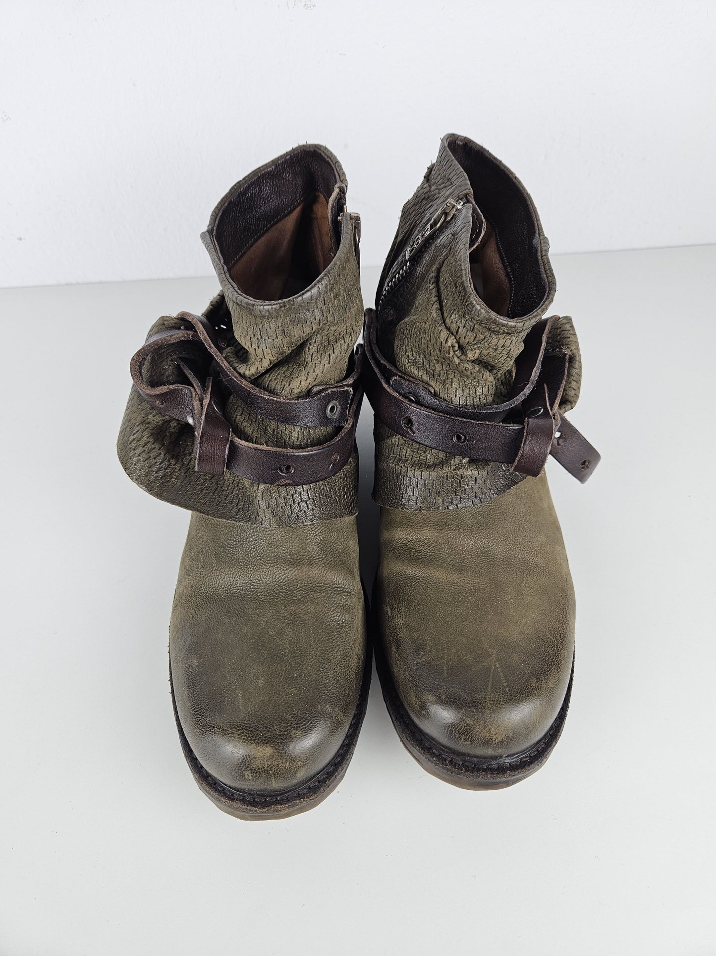 Archive AS98 olive leather bondage side zip ankle boots