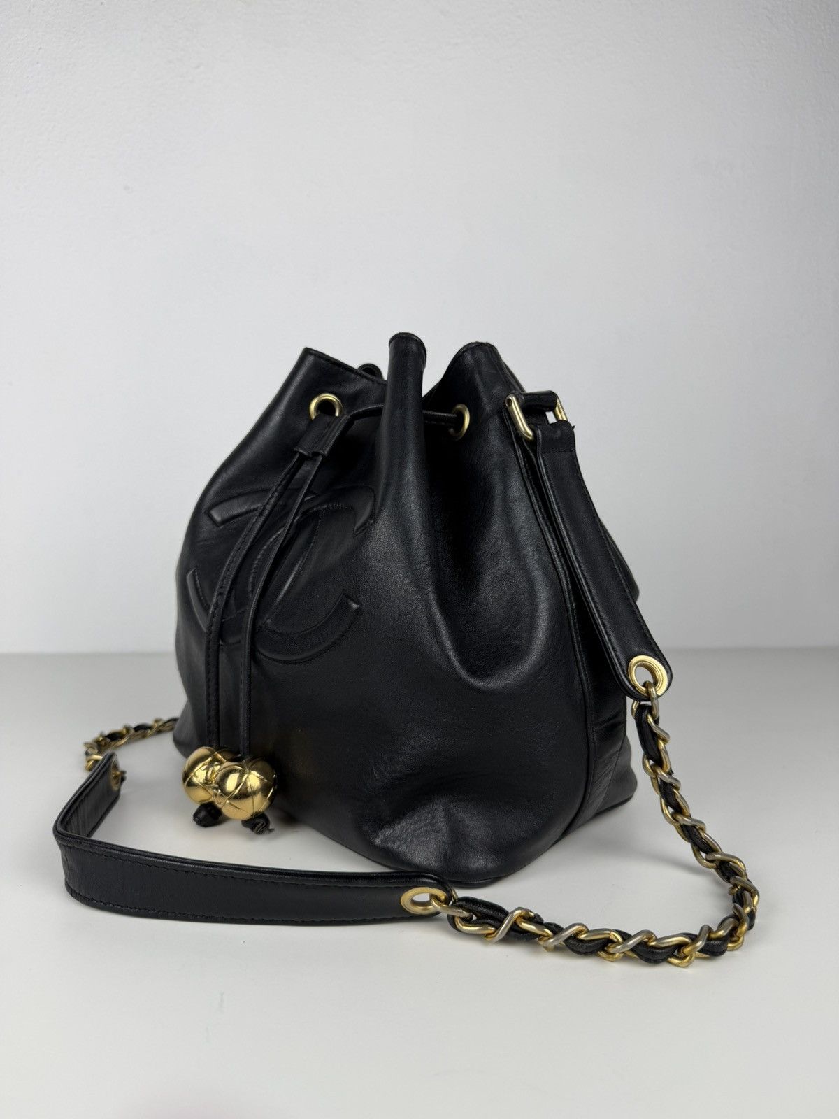 Vintage Chanel lambskin CC logo drawstring bag
