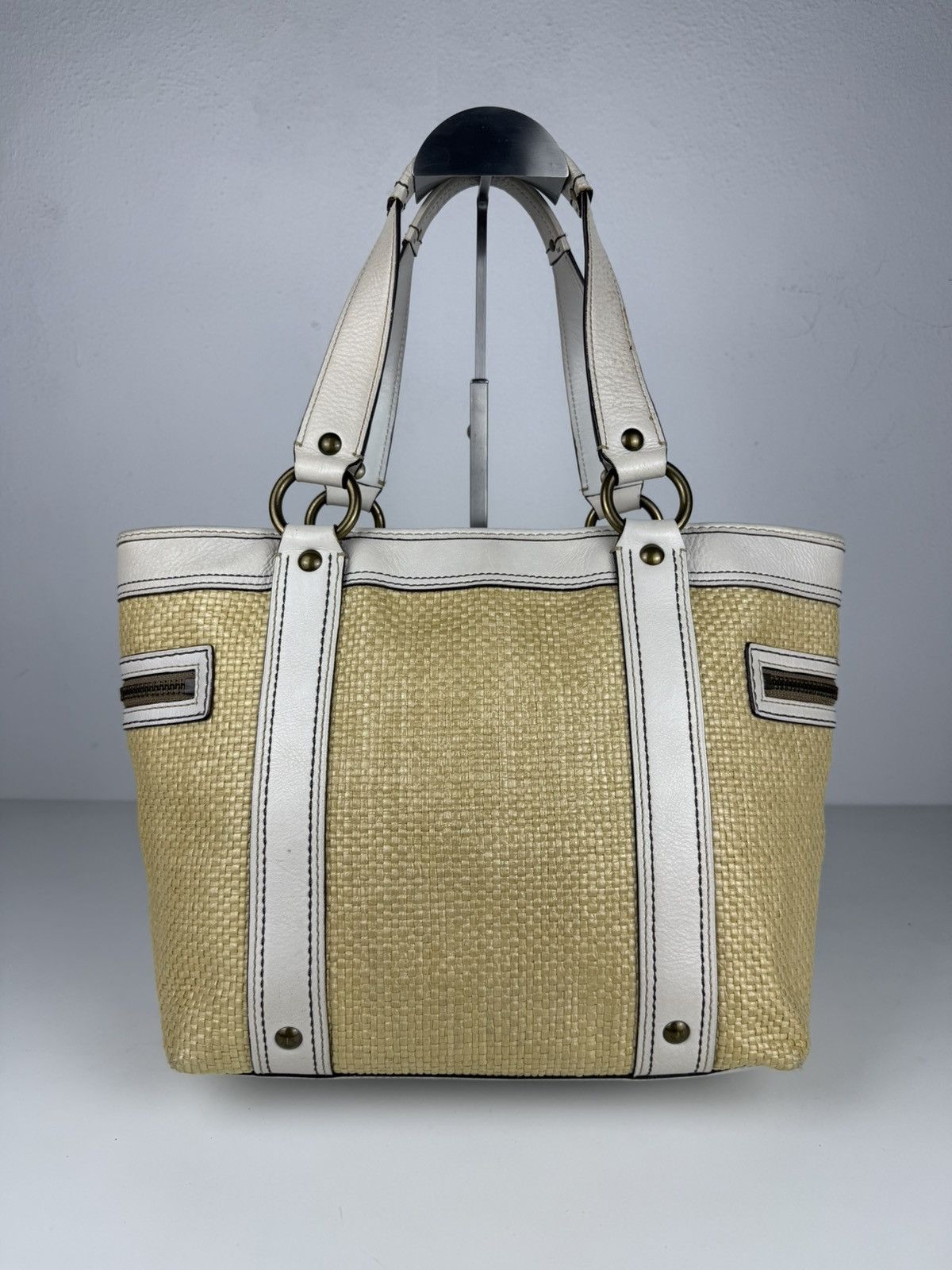 Coach legacy raffia and leather tote bag