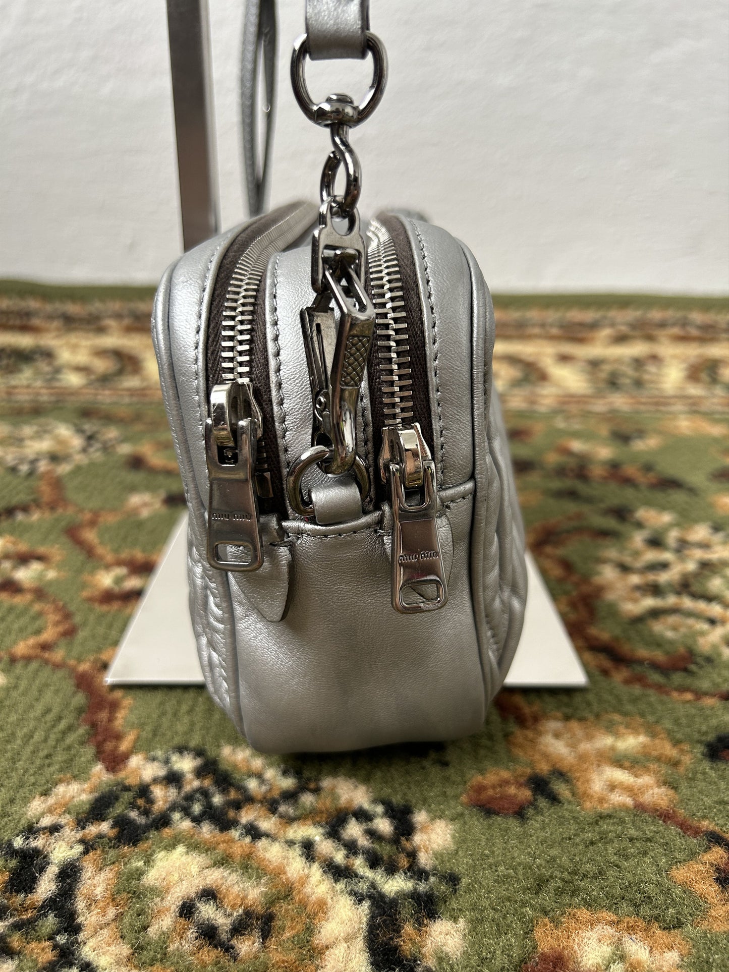 Miu miu matelasse pleated leather silver small crossbody bag